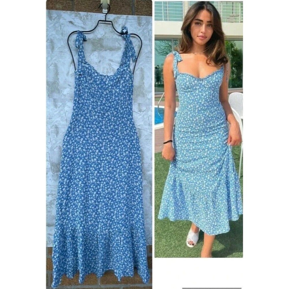 Reformation Nikita Smocked Midi Dress Size 4 Marie Blue Floral Cottagecore